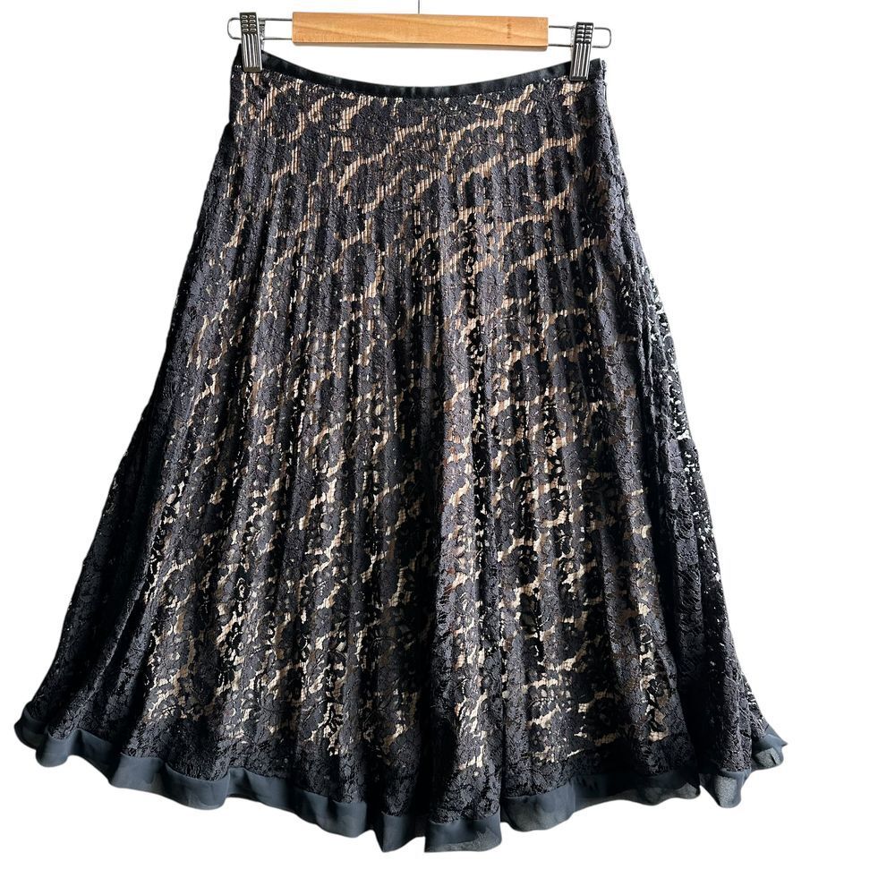 VTG Drama Lace Skirt Midi Pleated‎ A-Line Black Beige Whimsigoth Witch Size 2